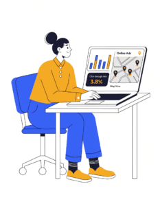 small business owner reviewing digital advertising campaign results on a laptop