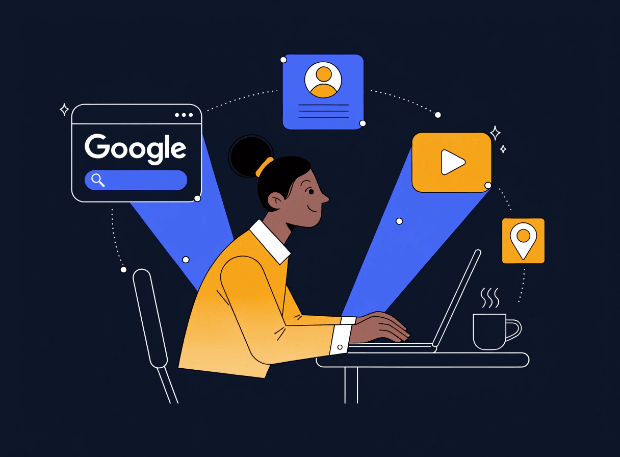 small business owner surrounded by digital advertising icons representing google ads, social media, and video advertising