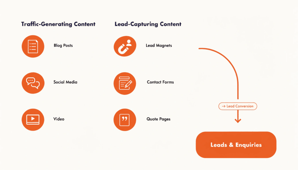 diagram showing how traffic generating content leads to lead capturing content and enquiries