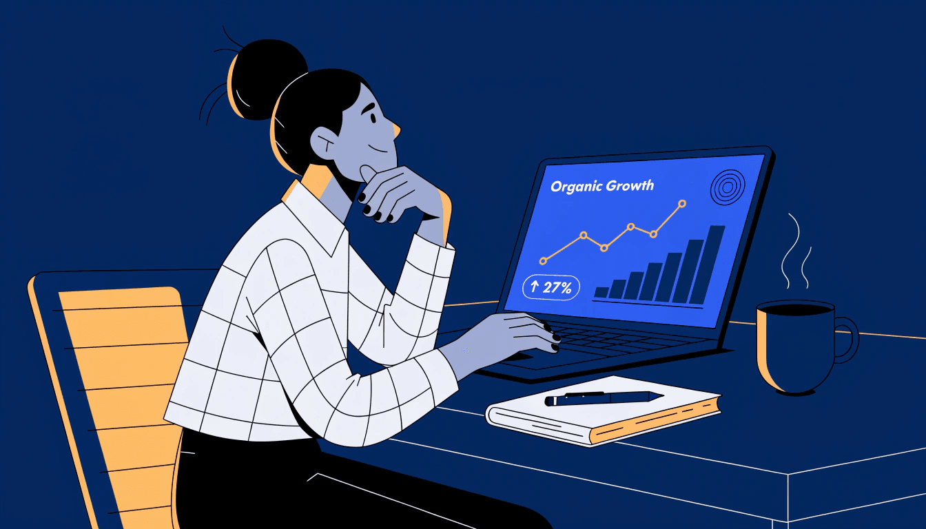 small business owner reviewing content marketing results showing organic traffic growth