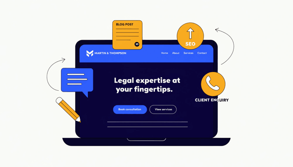 content marketing strategy for law firms illustrated with website and search icons