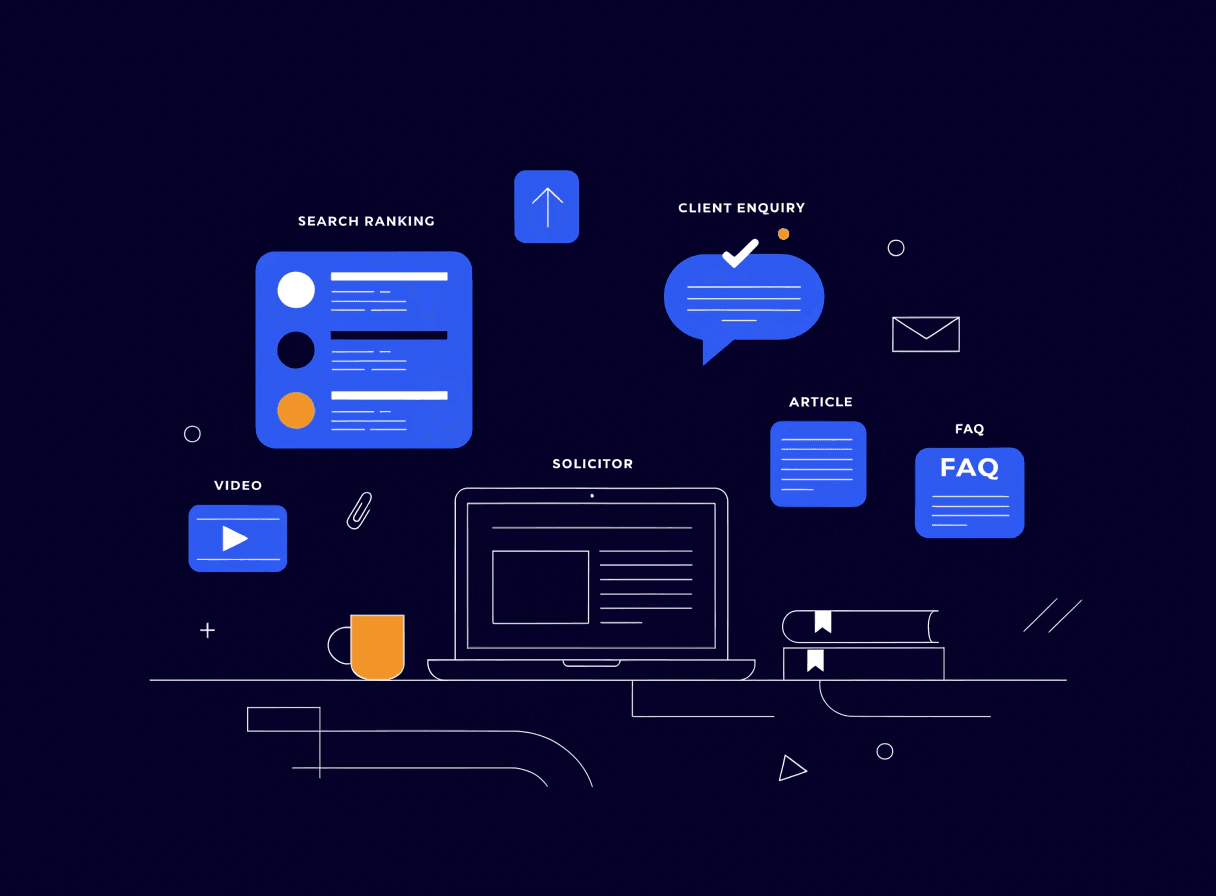 content marketing strategy for law firms — illustration of a laptop with blog content and seo icons