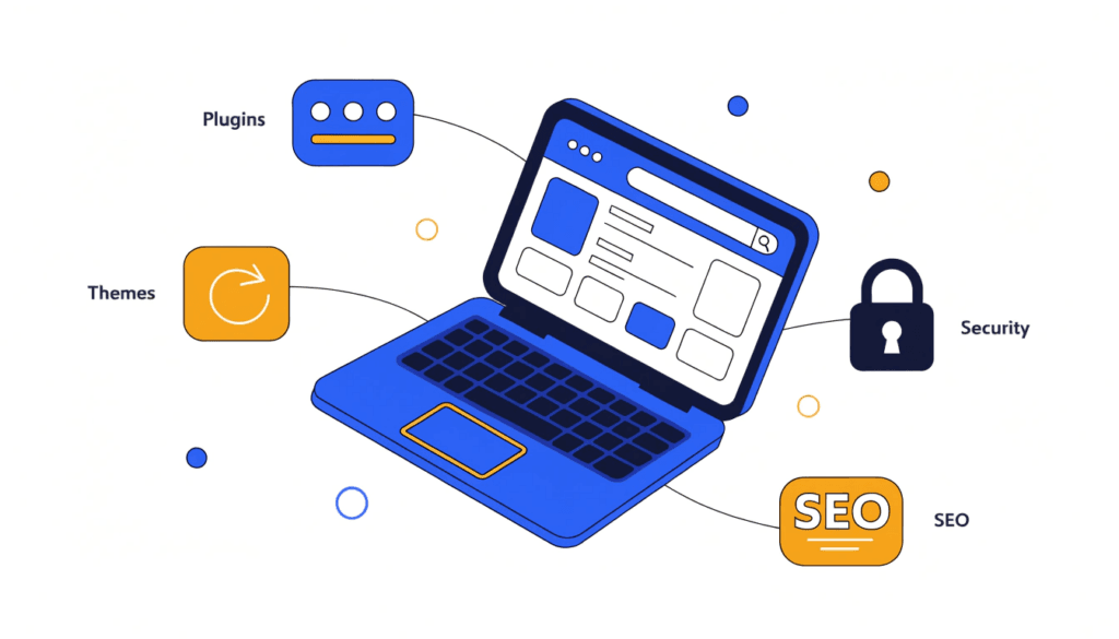 illustration of a business website being built on wordpress with seo, plugin, and security icons