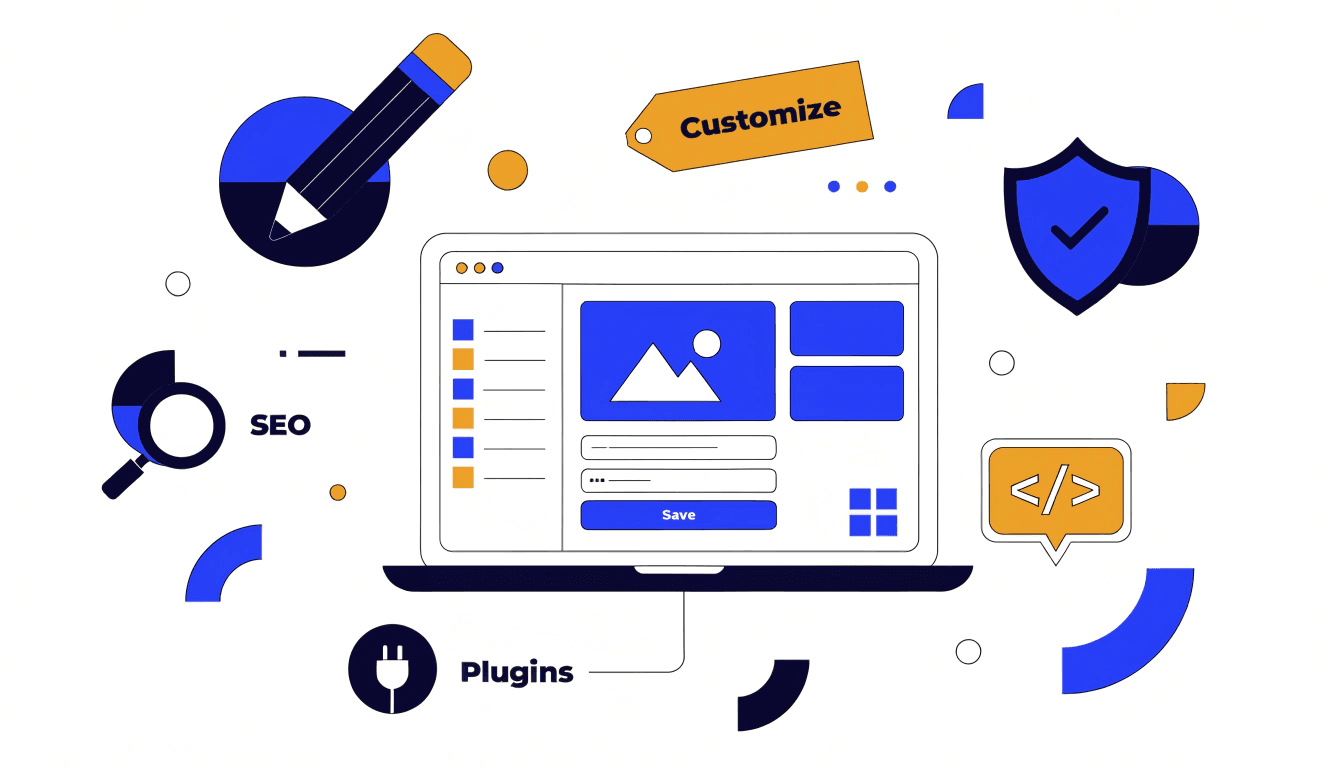 illustration showing a wordpress website being built, with icons for seo, plugins, and security