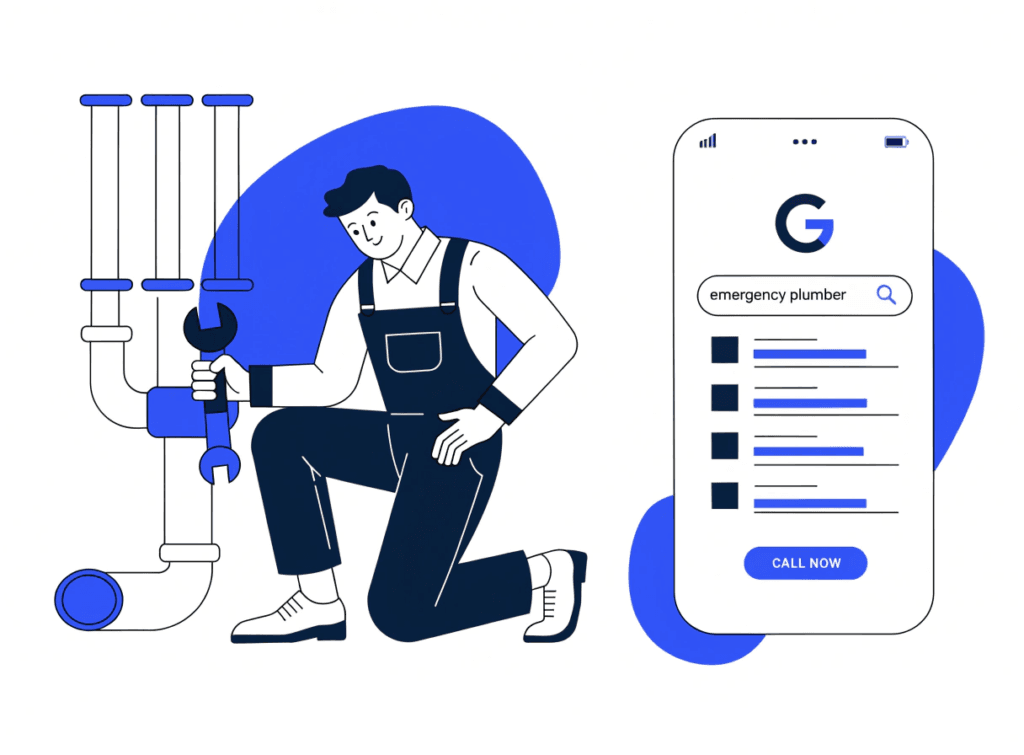 plumber working alongside a smartphone showing google search results — illustrating digital marketing for plumbers