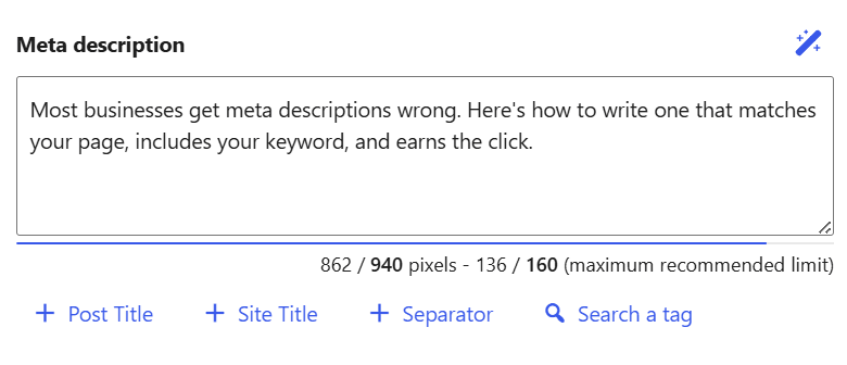 seo plugin meta description field in wordpress showing character count