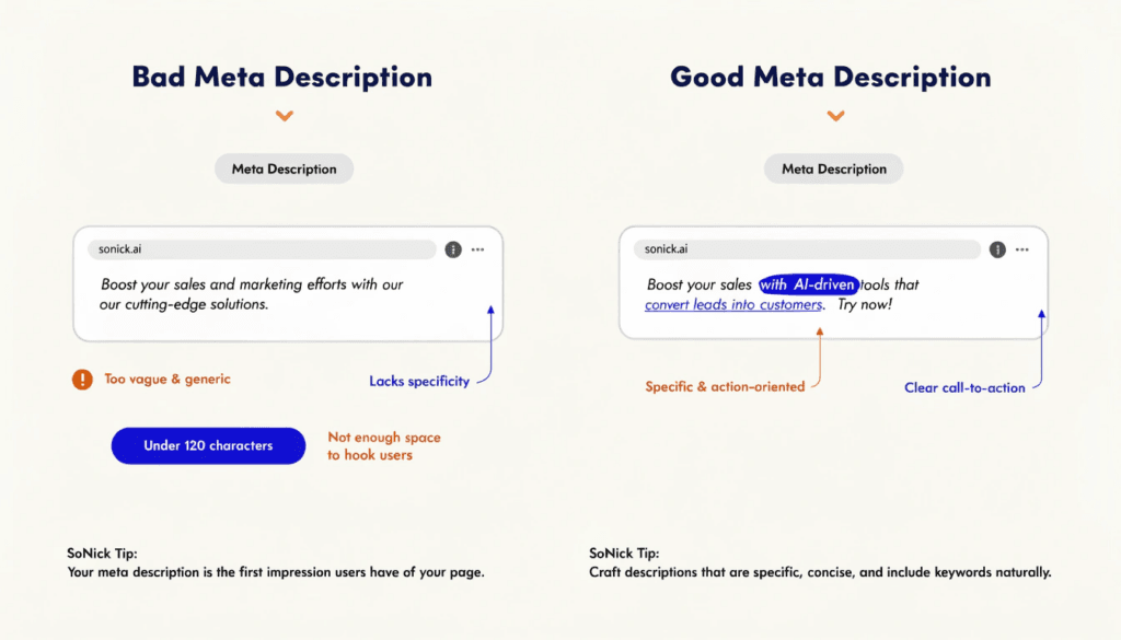 side by side comparison of a weak vs strong meta description with annotations
