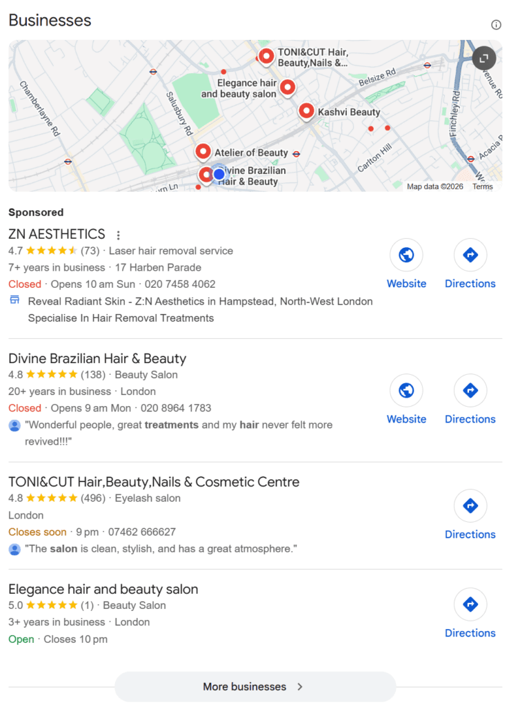google business profile for a hair salon appearing in google's local map pack search results