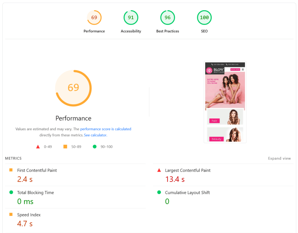google pagespeed insights results showing a high performance score for a salon website on mobile