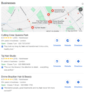 google maps local pack showing salon listings with star ratings, demonstrating local seo visibility