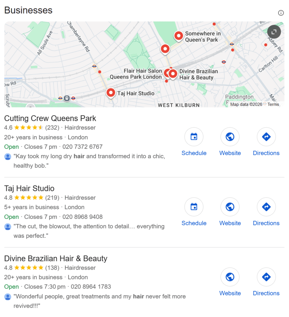 google maps local pack showing salon listings with star ratings, demonstrating local seo visibility