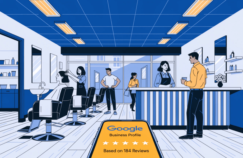 illustration of a salon's google business profile on a smartphone with five star reviews visible