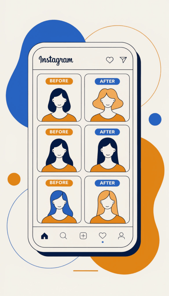 illustration of a salon's instagram profile showing a grid of before and after hair transformation photos
