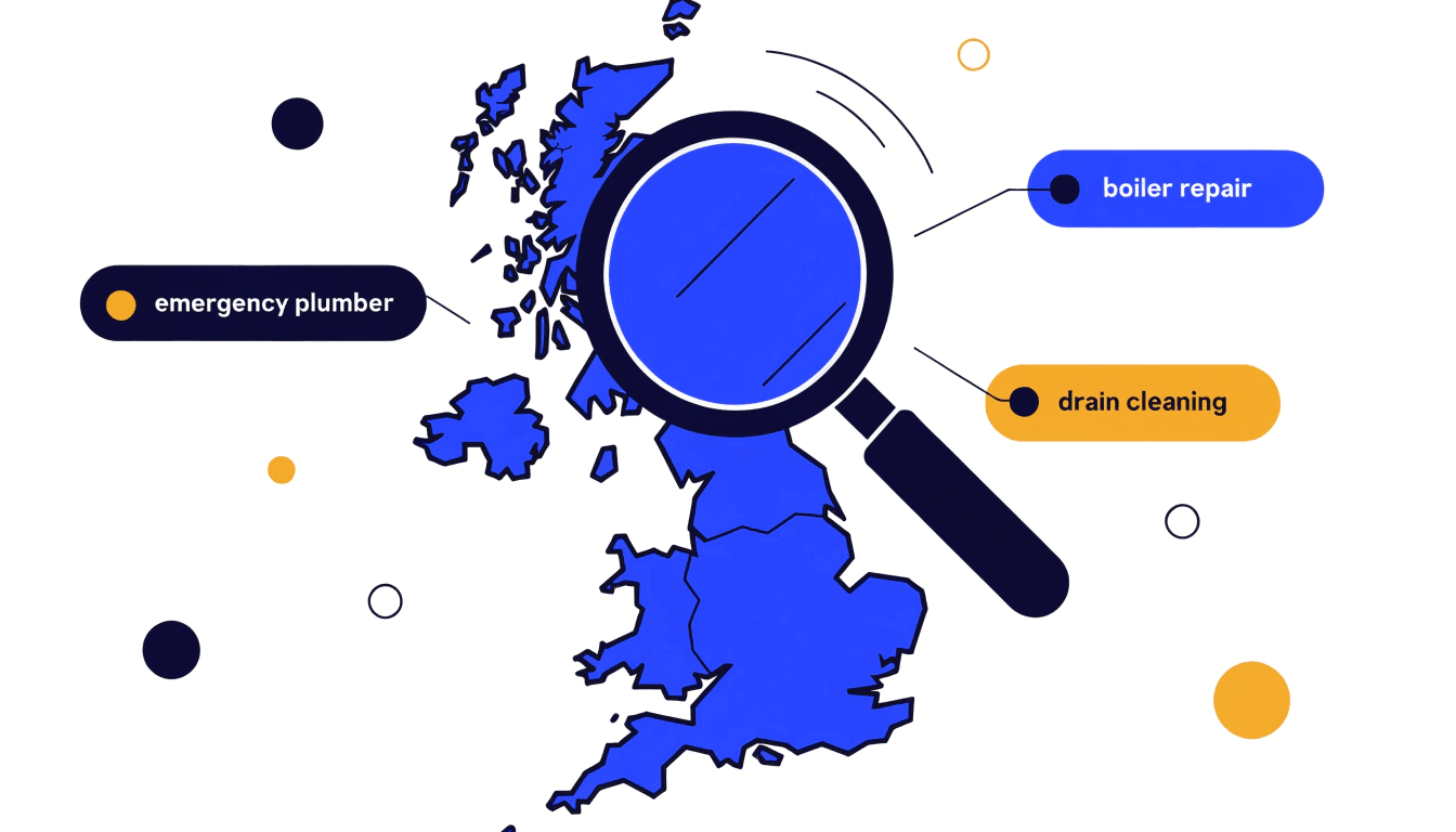 illustration of plumbing keywords overlaid on a uk map for local seo