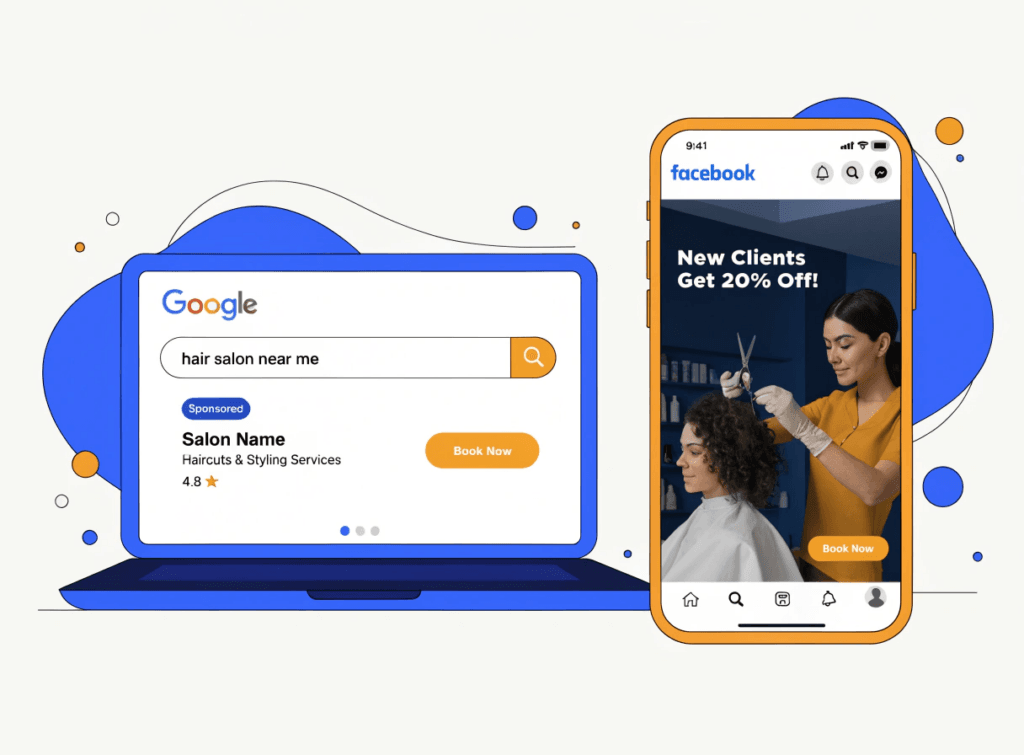 illustration showing google ads and facebook ads for a hair salon displayed on laptop and phone screens