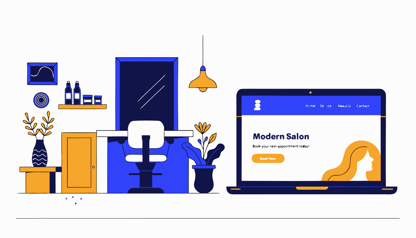 illustration showing a modern salon interior alongside a professional salon website displayed on a laptop screen