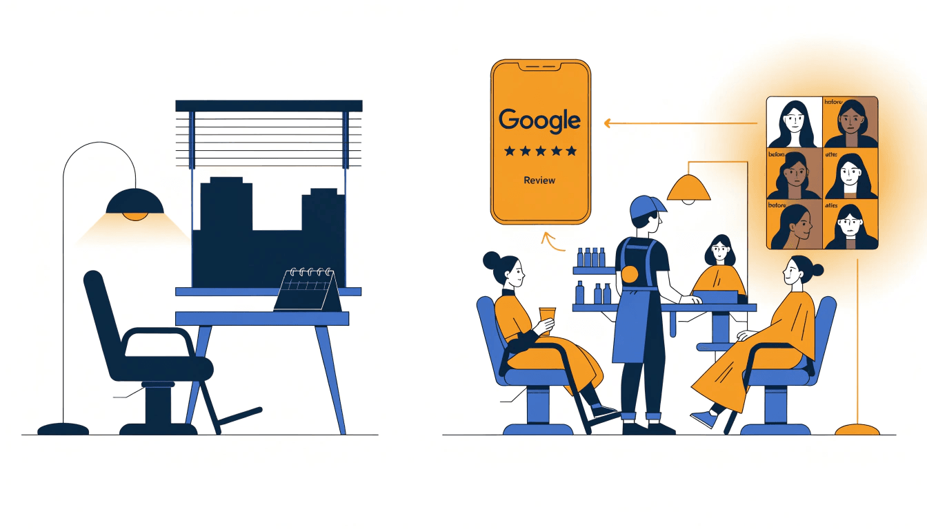 illustration showing a salon's online presence growing through google reviews, social media, and a professional website