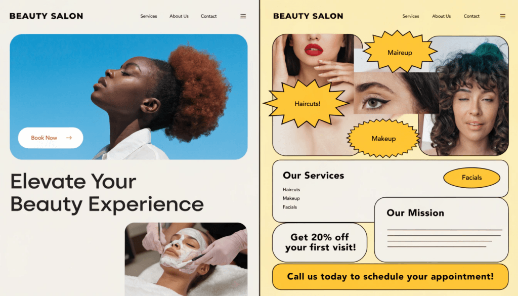 side by side comparison showing a professional salon website design versus a poorly designed one