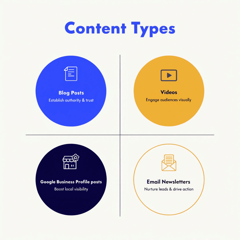 diagram showing four types of content marketing for plumbers blog posts, videos, google business profile posts, and email newsletters