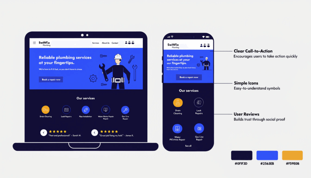 examples of well designed plumbing websites shown on desktop and mobile devices