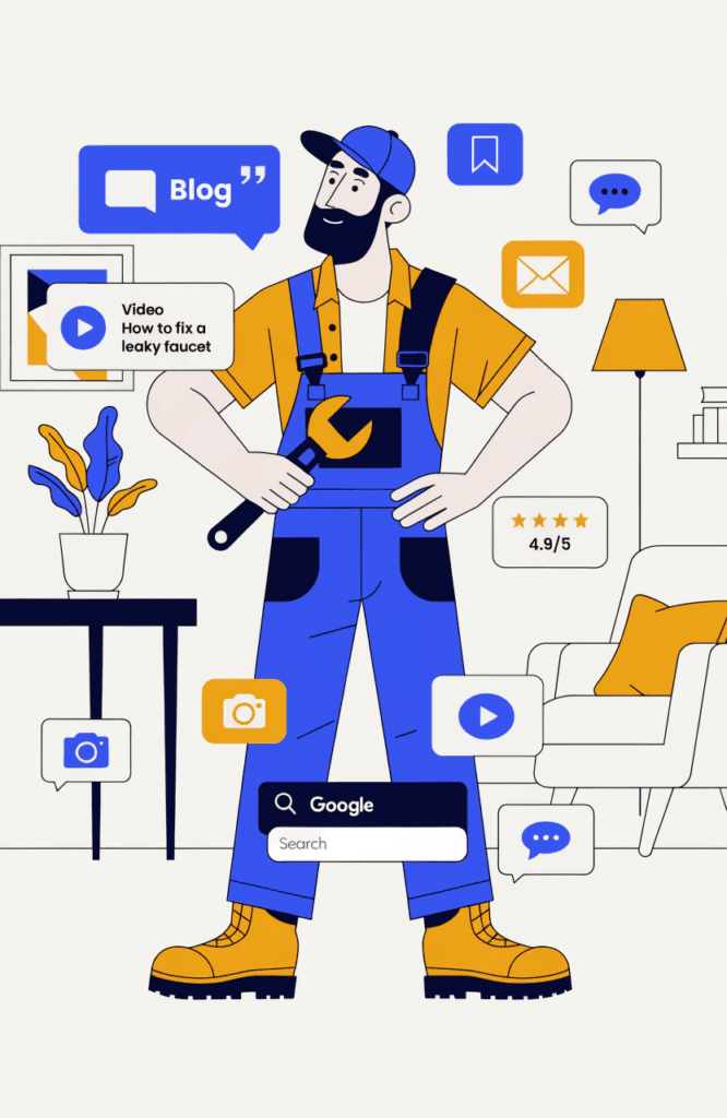 illustration of a plumber surrounded by digital content marketing icons including blogs, videos and google search