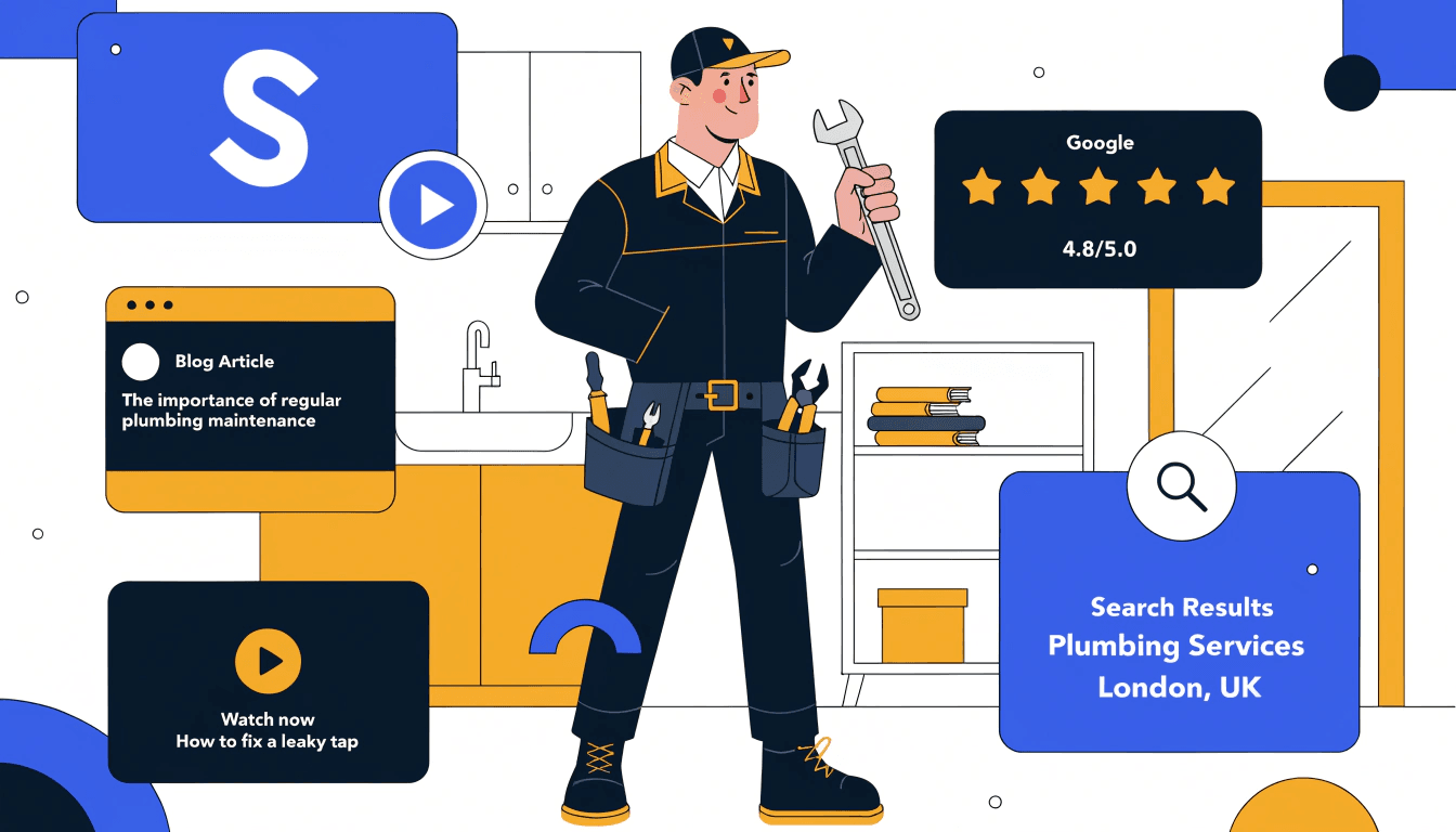 plumber surrounded by digital content marketing icons representing blogs, videos, and google search results