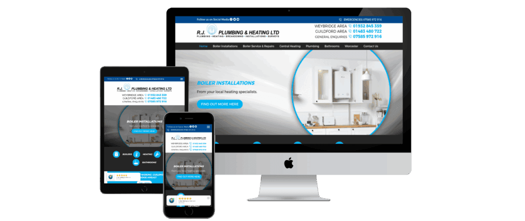 RJ Plumbing and Heating website homepage with customer reviews