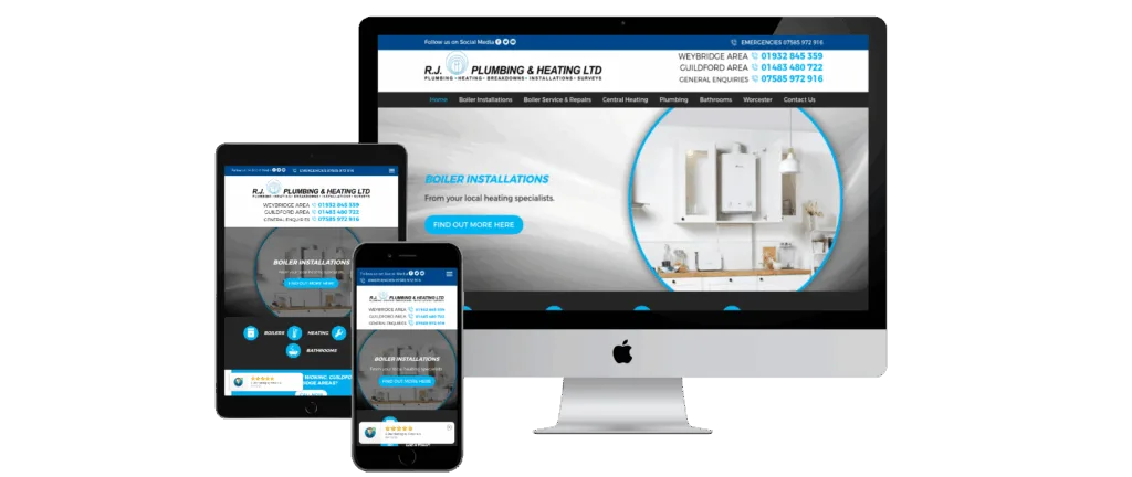 RJ Plumbing and Heating website homepage with customer reviews