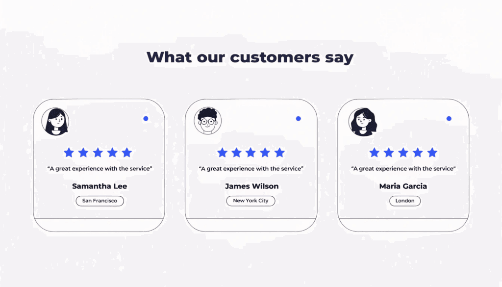customer testimonial cards on a plumbing landing page showing star ratings and review text