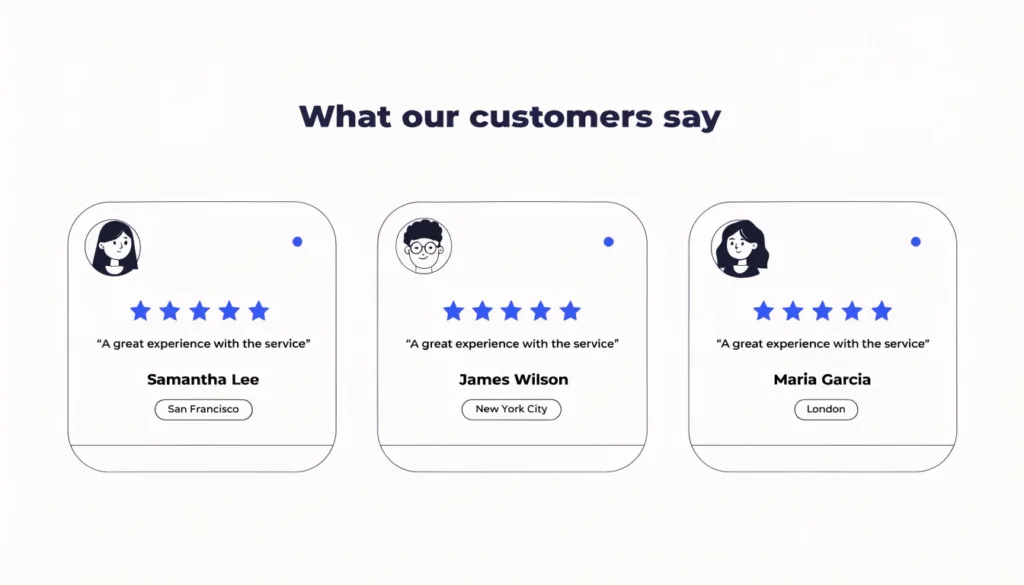 customer testimonial cards on a plumbing landing page showing star ratings and review text