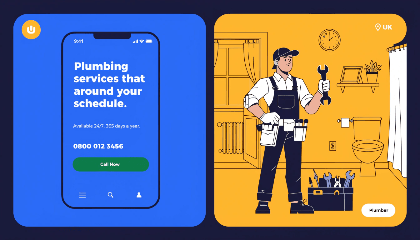 illustration of a high converting plumbing landing page on mobile with a plumber in the background