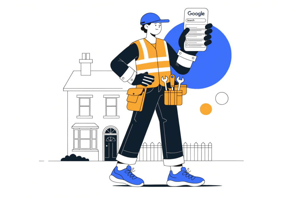 plumber checking advertising results on a smartphone outside a uk home