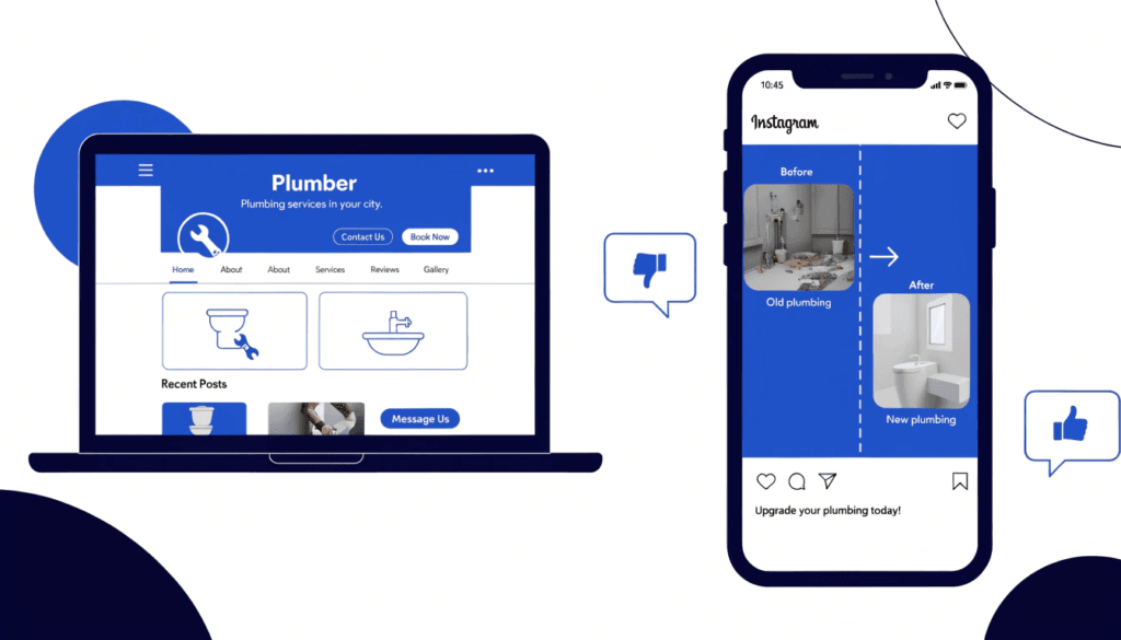plumber's social media presence shown across facebook and instagram