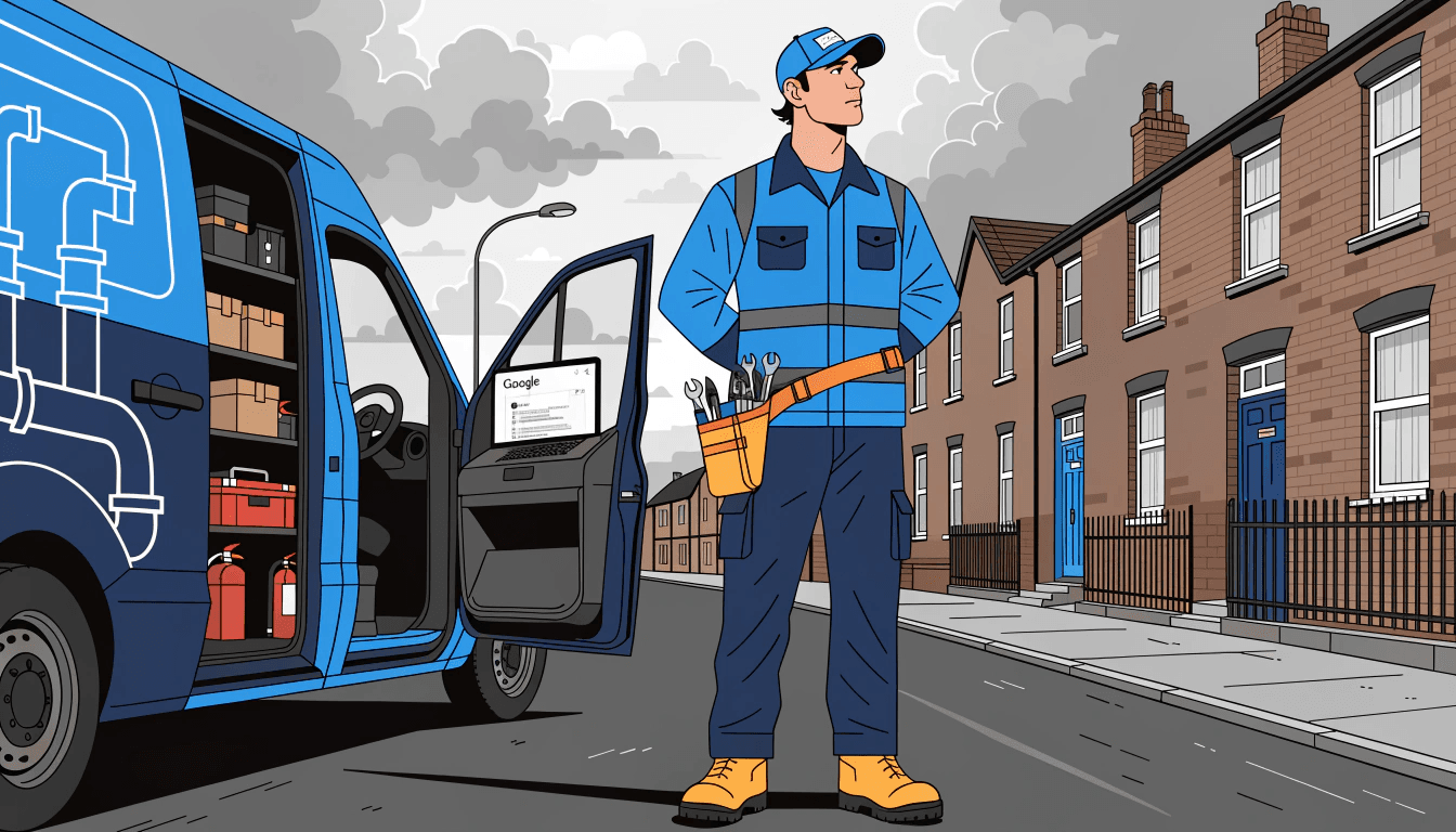 uk plumber reviewing advertising results on a laptop beside a branded van