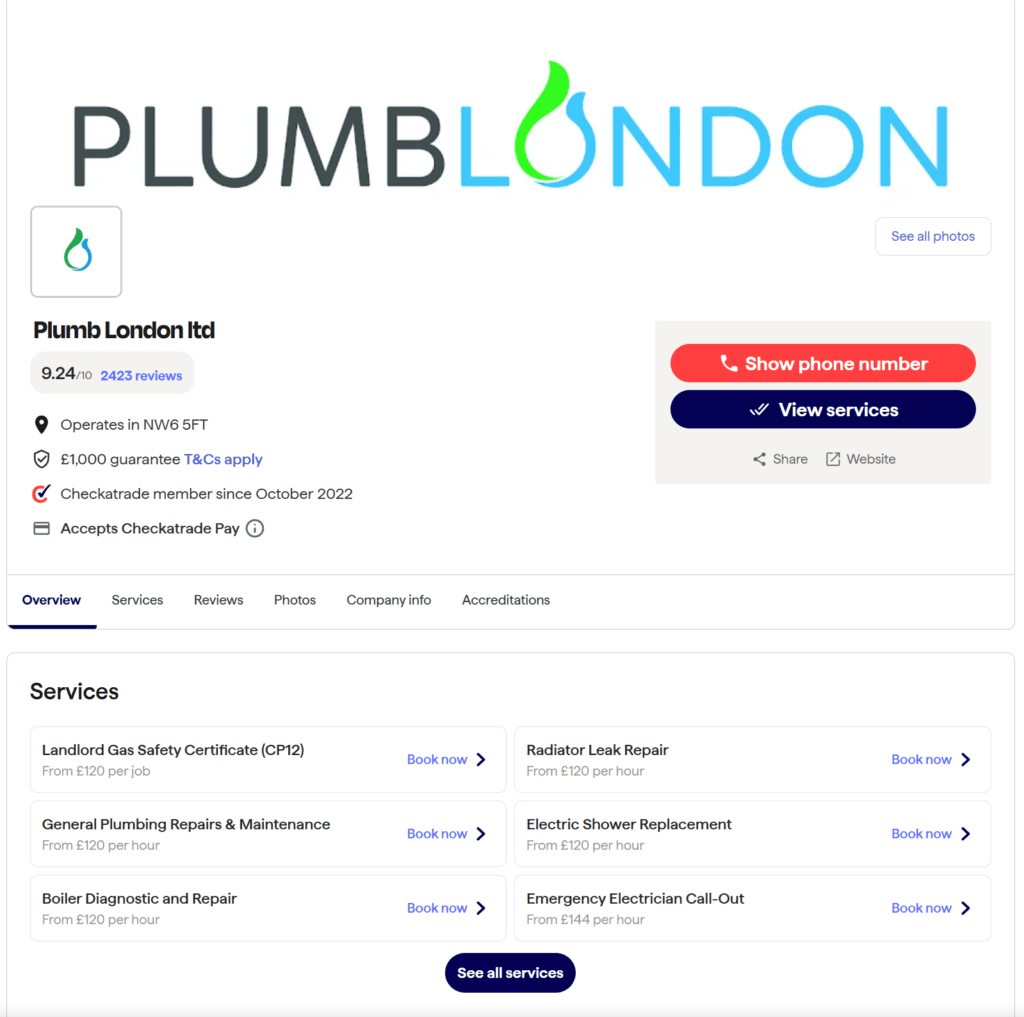 example of a well optimised tradesperson profile on a uk recommendation site