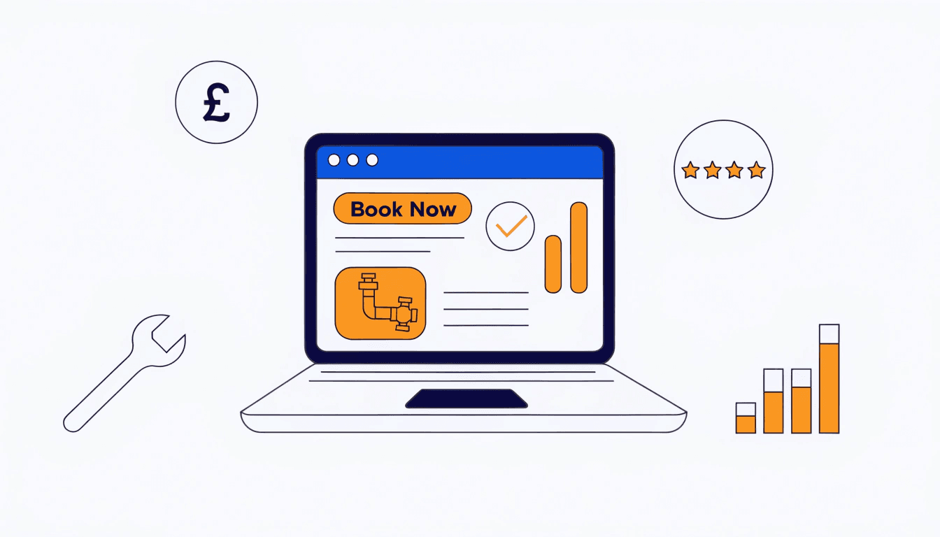 Illustration of a plumber's website on a laptop with cost and marketing icons, representing UK web design pricing for plumbers