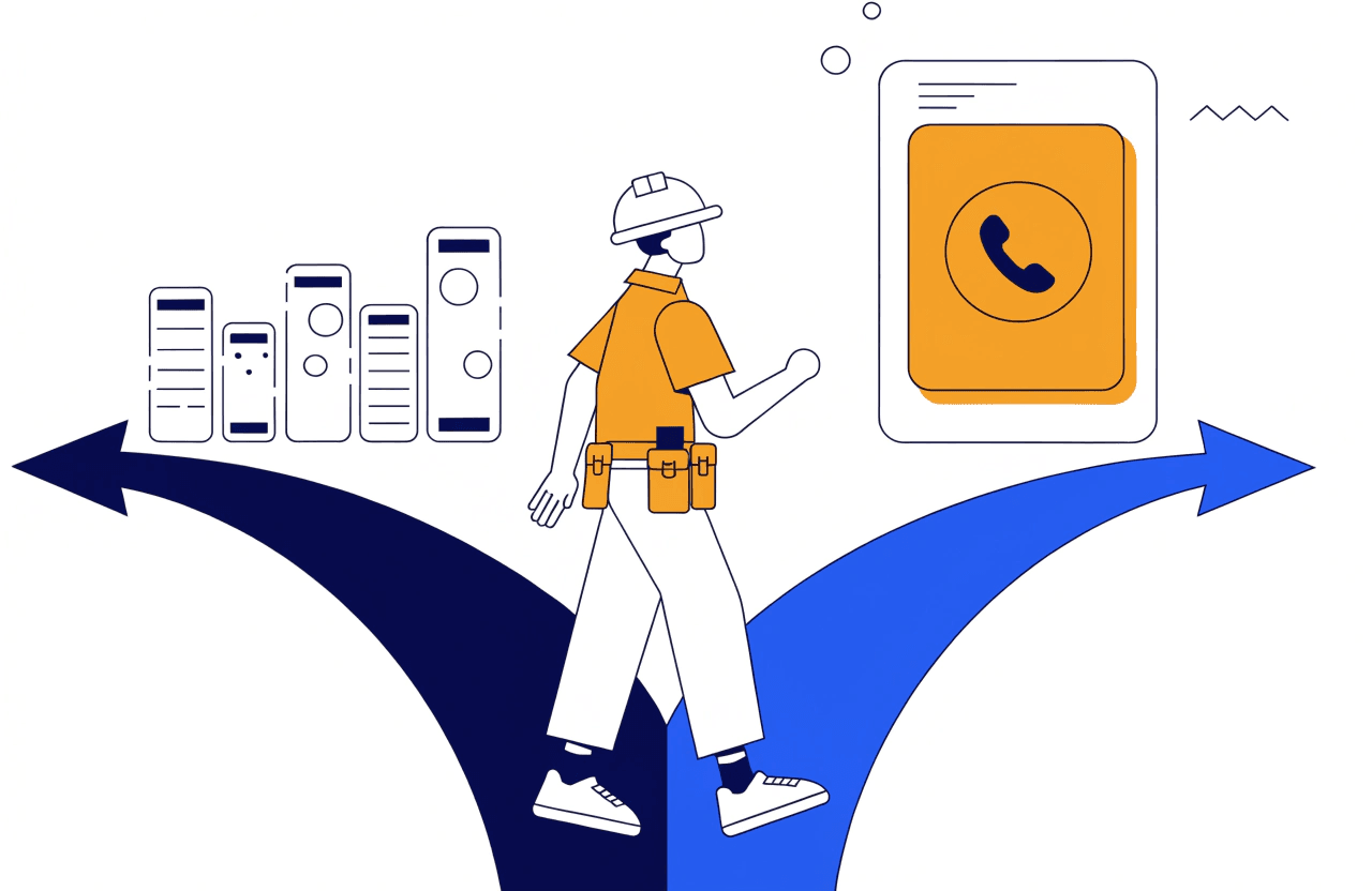 illustration of a tradesperson choosing between recommendation sites and their own website for generating leads