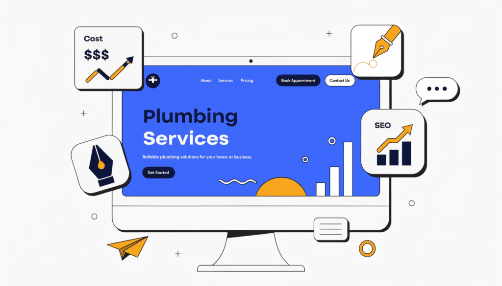 illustration showing a plumber's website on a desktop screen with cost and design icons