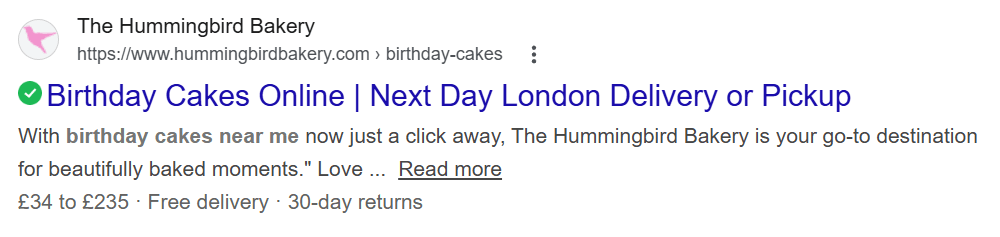 Example of an optimised title tag and meta description in Google search results