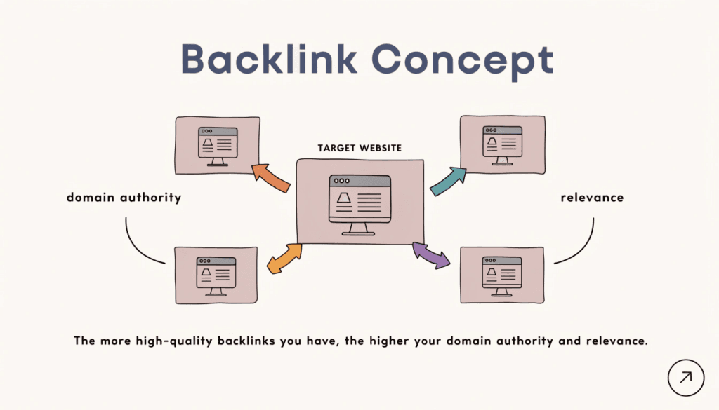 Diagram showing how backlinks from authoritative websites improve a site's Google ranking