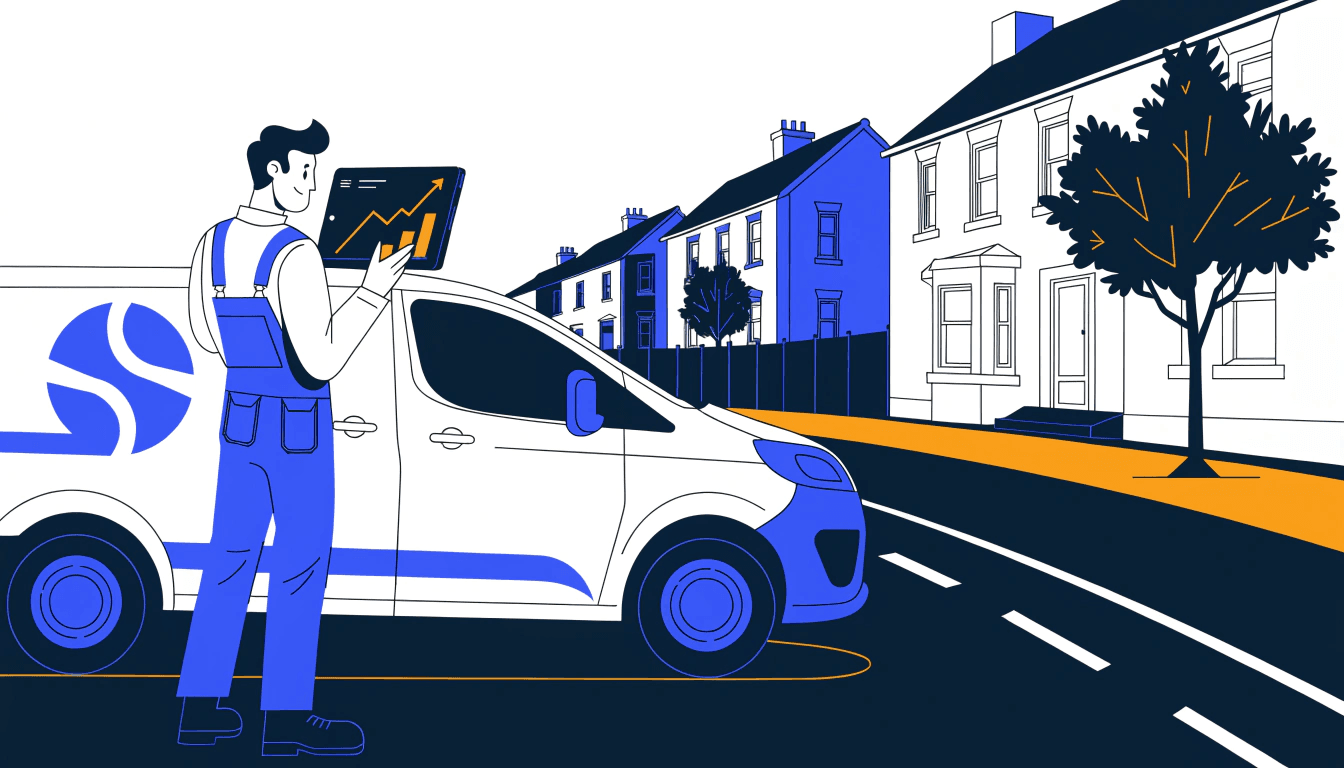 a plumber checking business growth metrics on a tablet beside a branded van