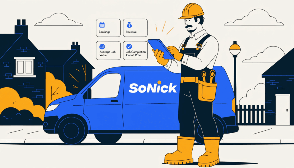 a plumber reviewing business growth metrics on a tablet beside a branded van