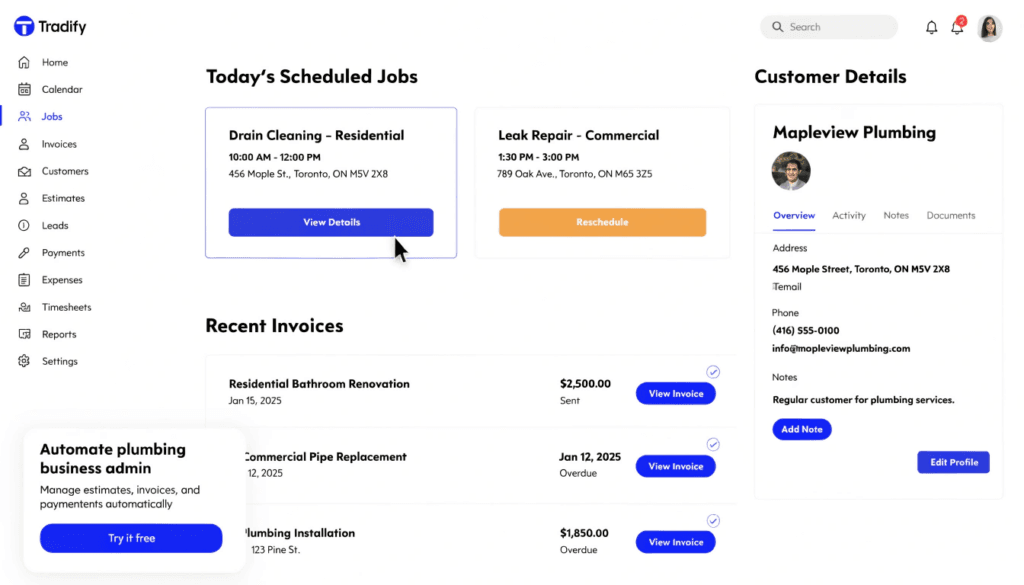 job management software dashboard showing plumbing job scheduling and invoicing