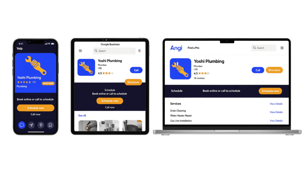 plumbing business listed across multiple online directories on different devices