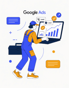 tradesperson reviewing google ads results on a laptop, representing digital marketing for trade businesses