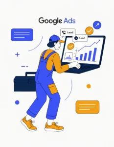 tradesperson reviewing google ads results on a laptop, representing digital marketing for trade businesses