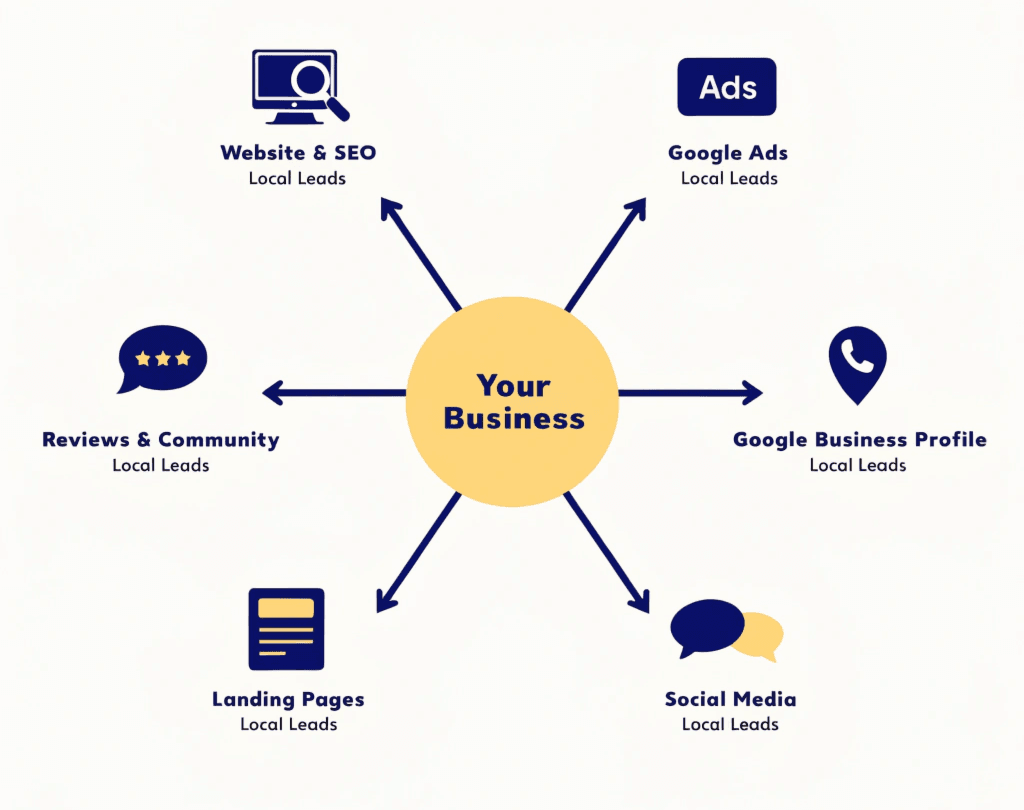 diagram showing six sources of local lead generation for small businesses