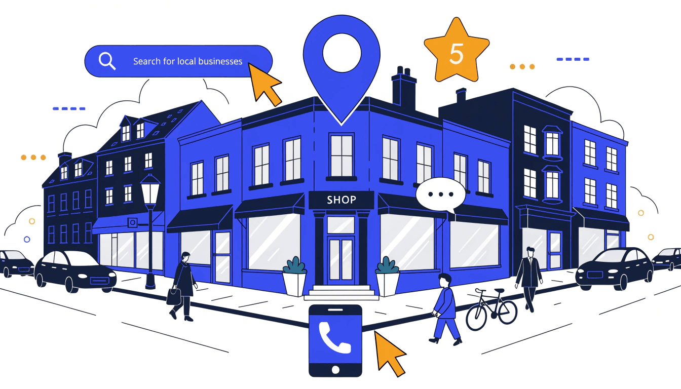local lead generation strategies for small businesses — digital marketing icons overlaid on a uk high street illustration