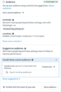 meta ads manager campaign setup screen showing the leads objective and location targeting
