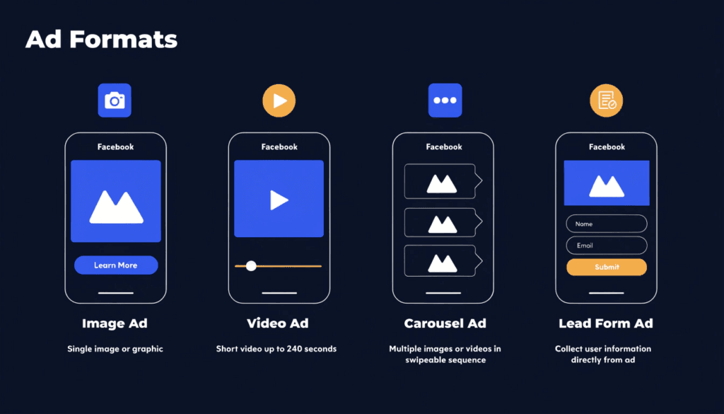the four main facebook ad formats for plumbers illustrated on smartphones